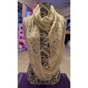 Creamy White W/Gold Sequins Hand Knitted Infinity Scarf/Shawl Approx 47”X13”